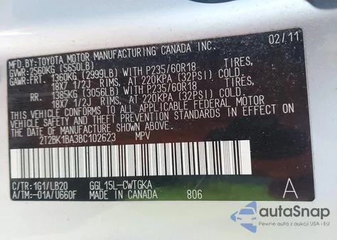 2011 Lexus Rx 350 z USA, uszkodzony, nr VIN 2T2BK1BA3BC102623